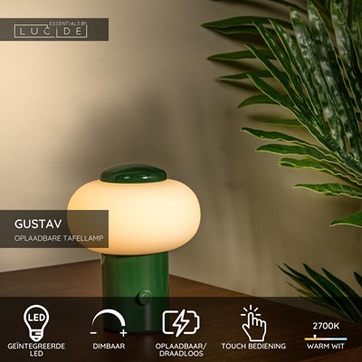 Lucide GUSTAV - Oplaadbare Tafellamp - Accu/Batterij - Ø 8 cm - LED Dimb. - 1x0,8W 2700K - Groen | Essential